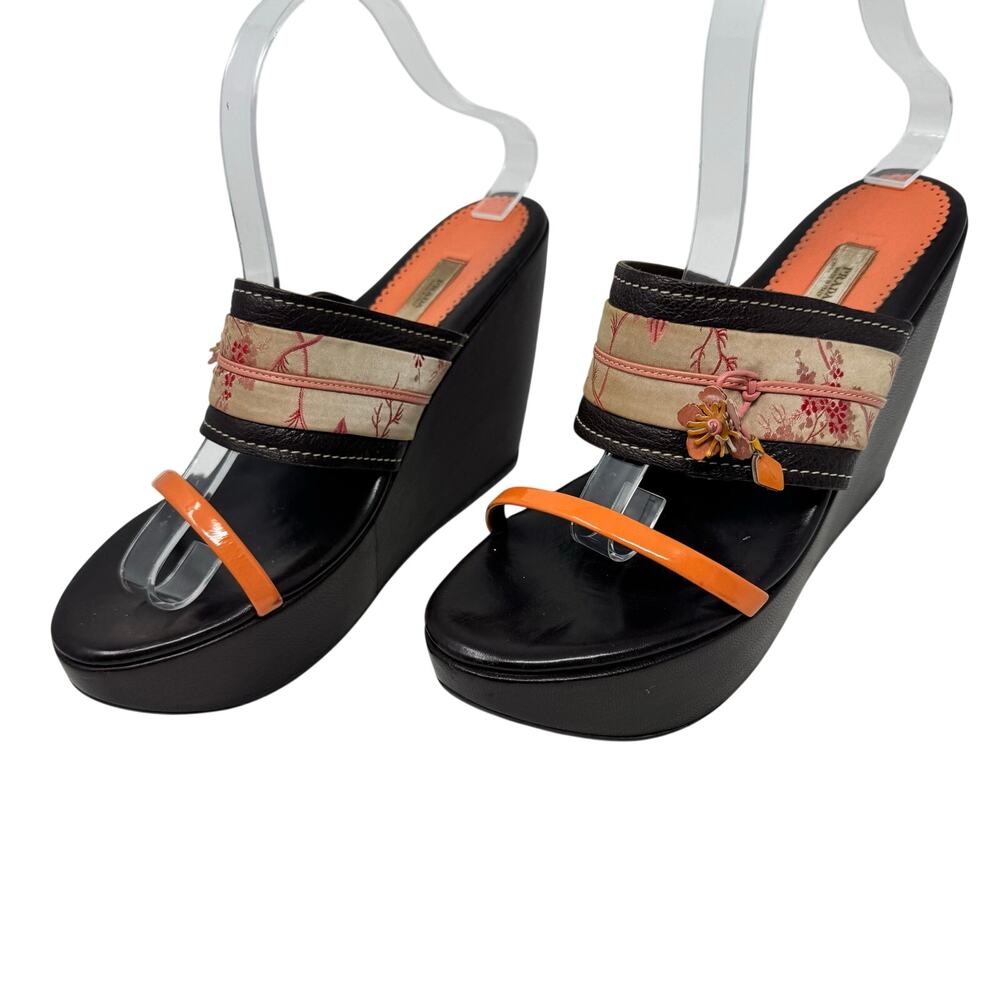 Prada Vintage Floral Fabric Platform Wedge Sandals Orange Patent Leather EU 38 - Picture 3 of 9